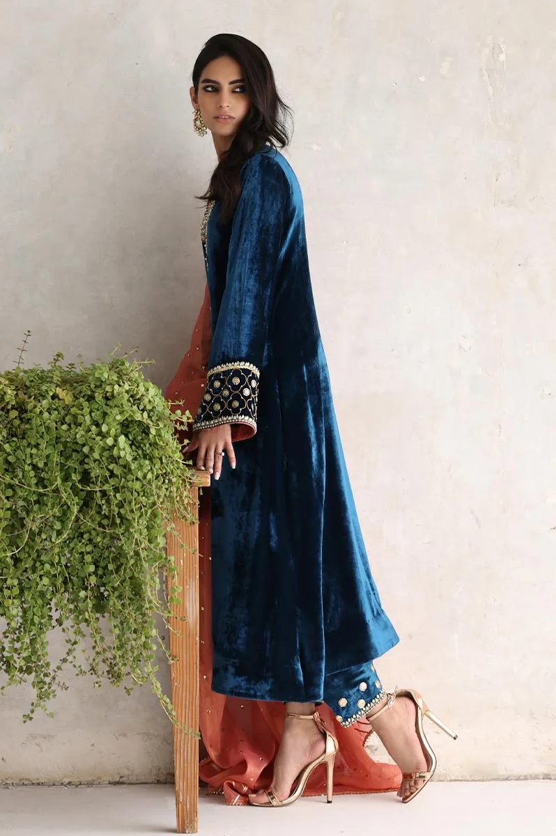 Pakistani Kameez Shalwar in Teal Pure Velvet #PF164