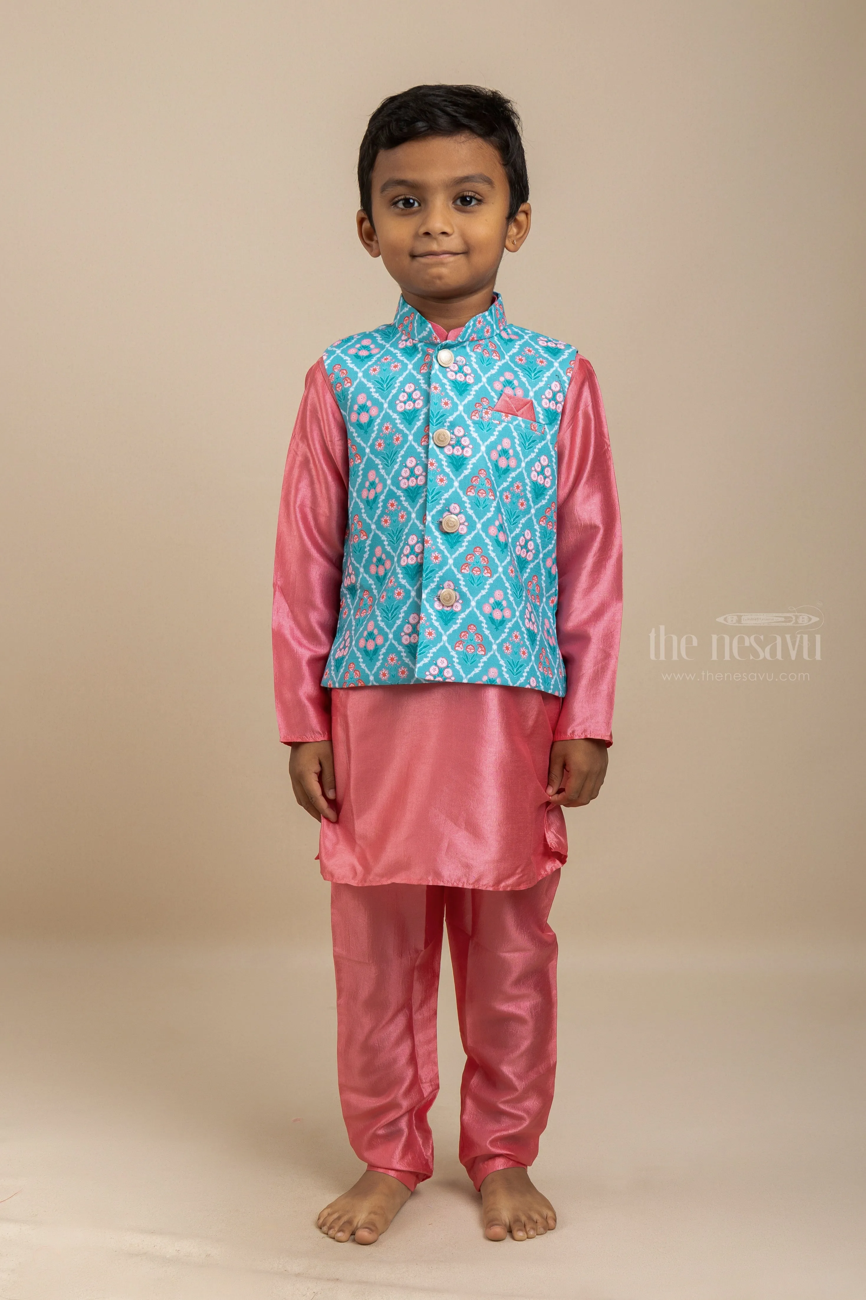 Party Ready - Stunning Evergreen Combo Of Pink with Sea Green Kurta Set With Overcoat For Boys