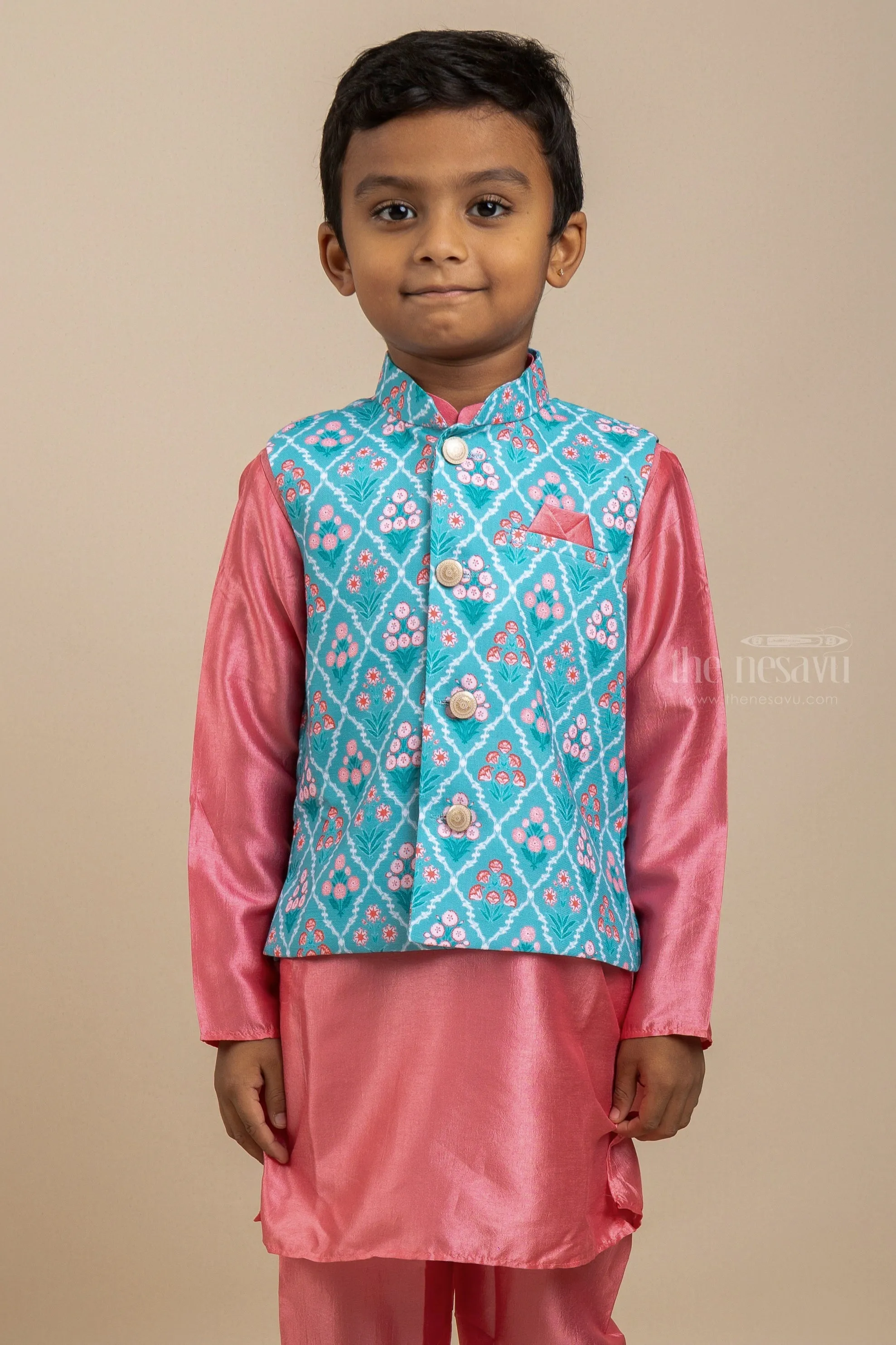 Party Ready - Stunning Evergreen Combo Of Pink with Sea Green Kurta Set With Overcoat For Boys