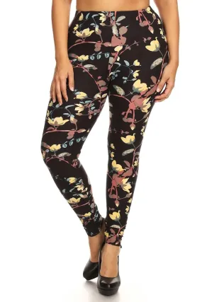 Plus Size Floral Print Full-Length Leggings - Slim Fit with Banded High Waist