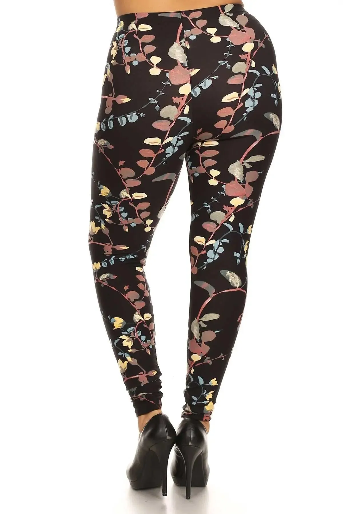 Plus Size Floral Print Full-Length Leggings - Slim Fit with Banded High Waist