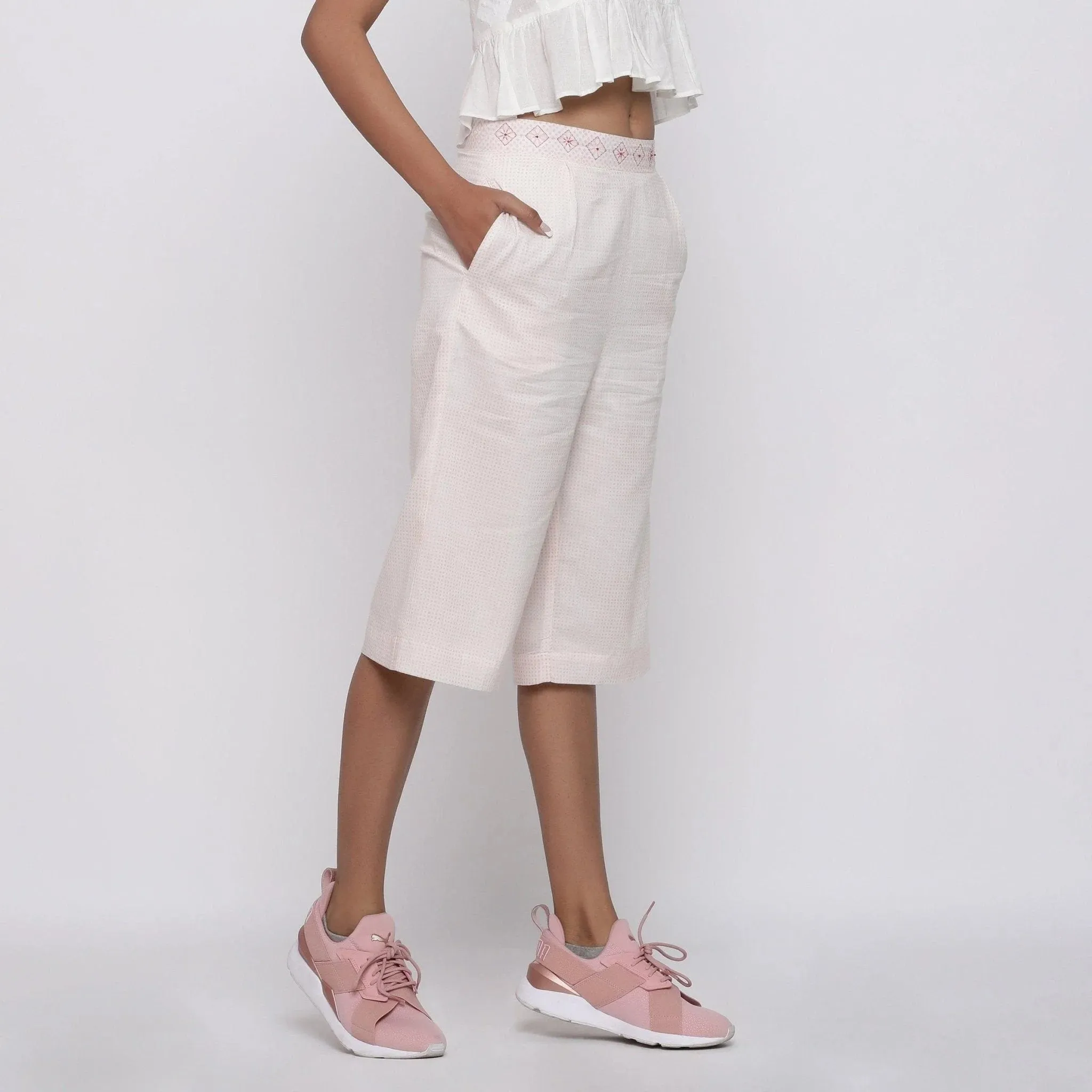 Powder Pink Ditsy Block Print Cotton Culottes