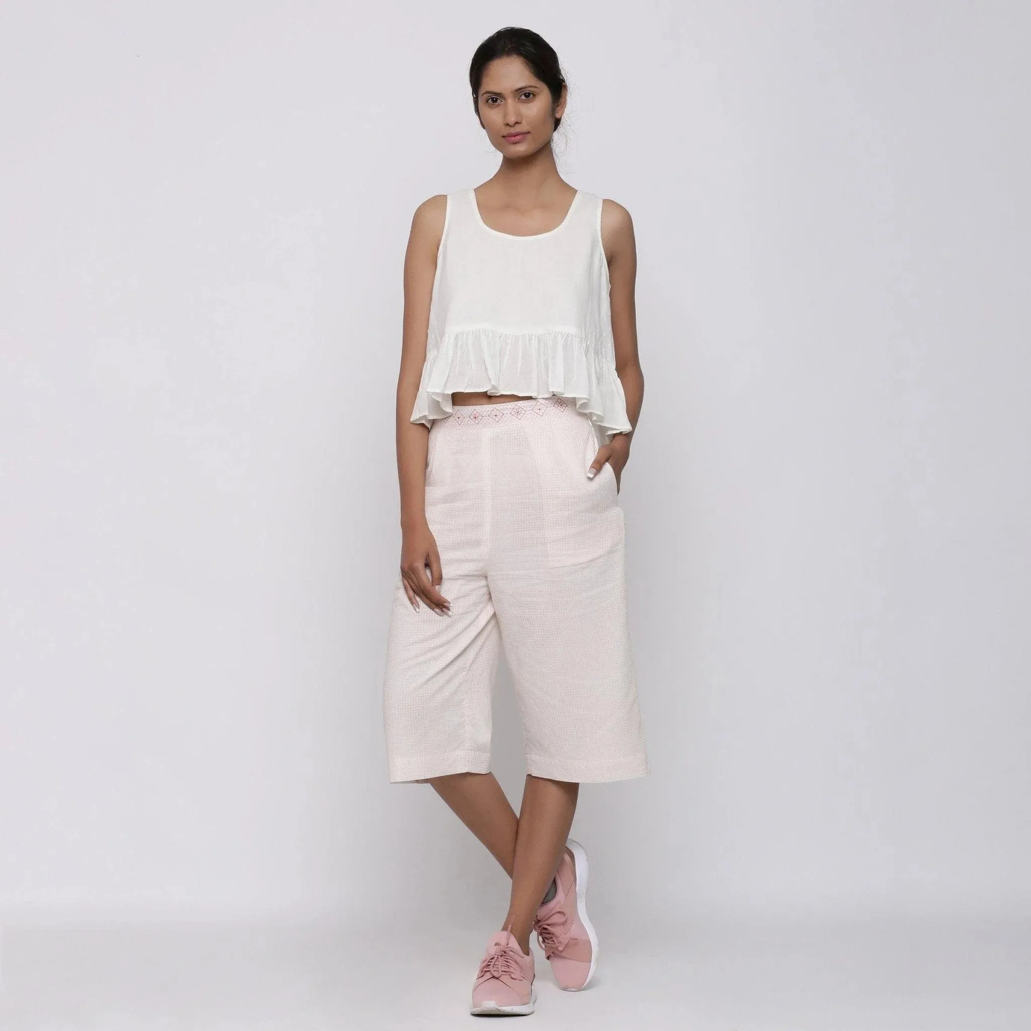 Powder Pink Ditsy Block Print Cotton Culottes