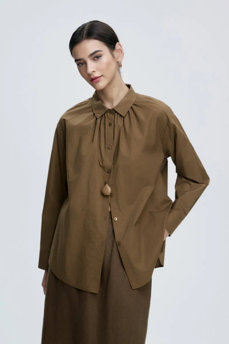 Pure Cotton Long Sleeve Button-Up Shirt with Pleated Collar