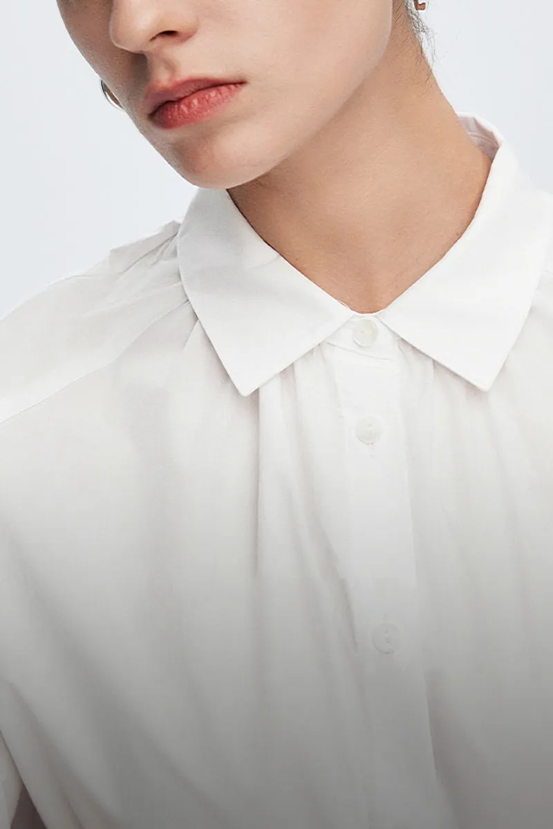 Pure Cotton Long Sleeve Button-Up Shirt with Pleated Collar