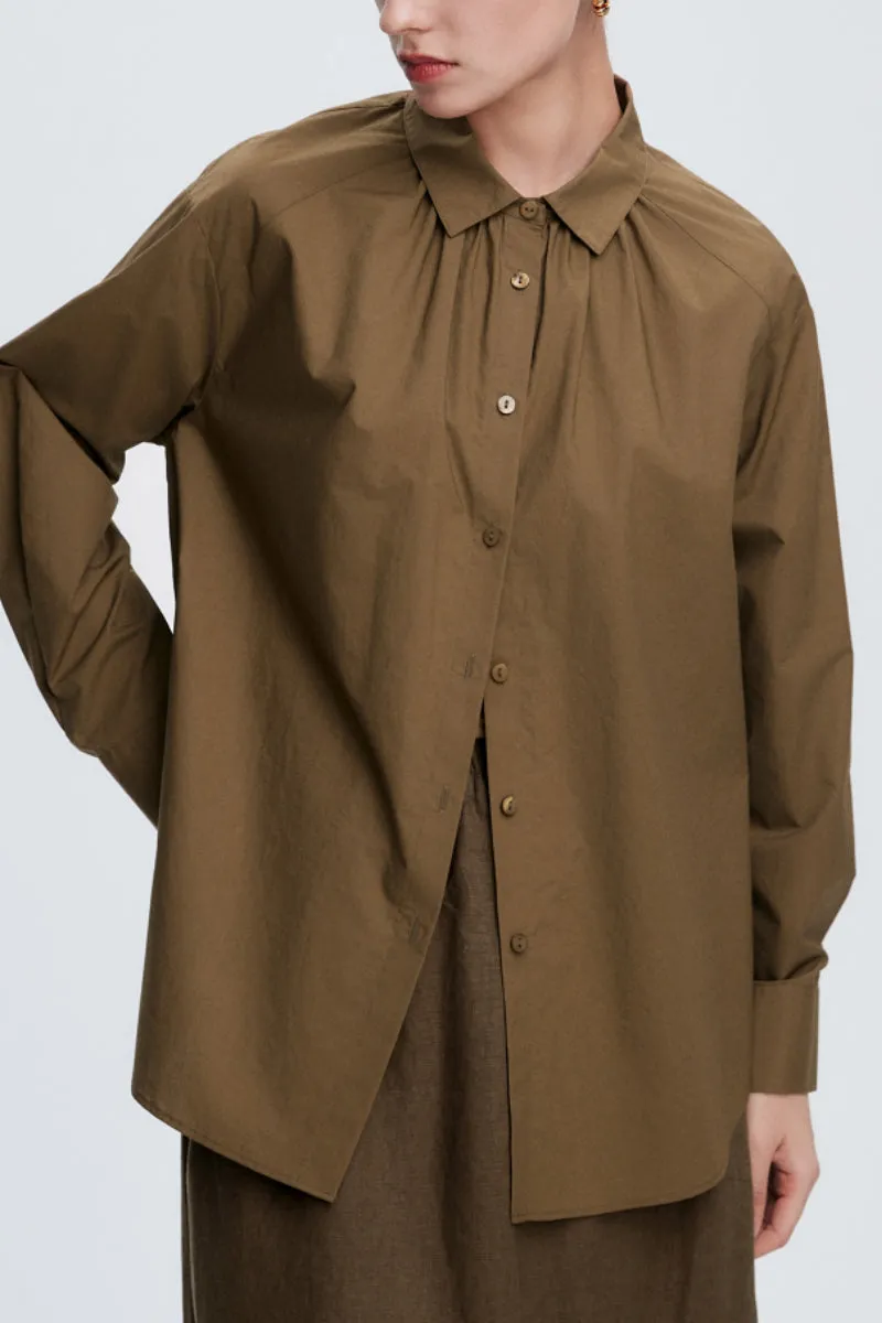 Pure Cotton Long Sleeve Button-Up Shirt with Pleated Collar