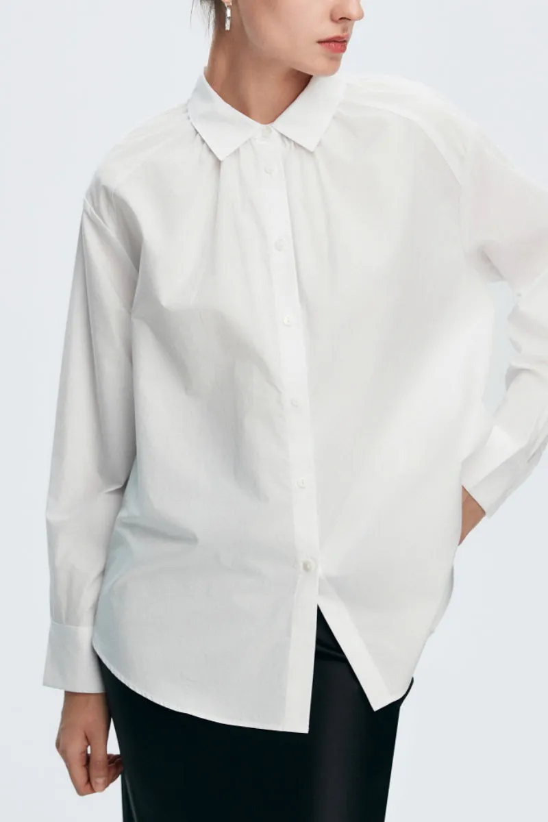 Pure Cotton Long Sleeve Button-Up Shirt with Pleated Collar