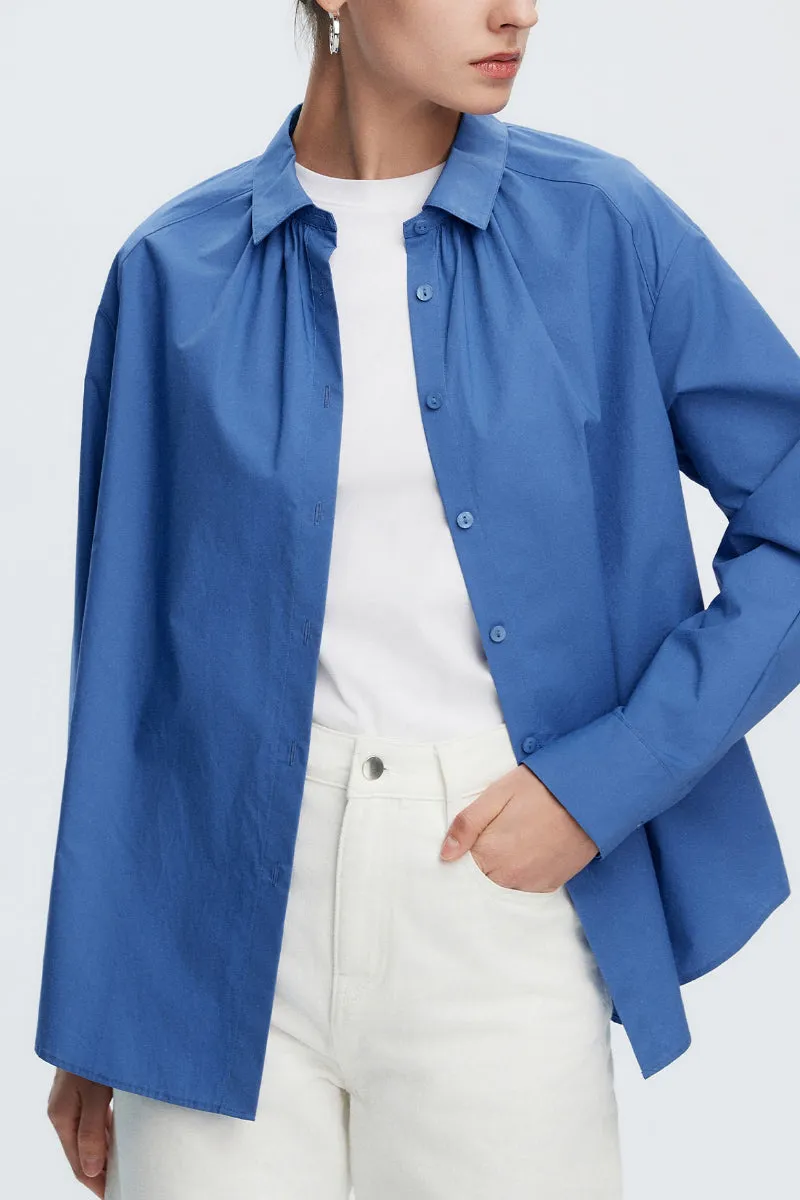 Pure Cotton Long Sleeve Button-Up Shirt with Pleated Collar