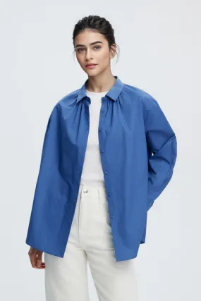 Pure Cotton Long Sleeve Button-Up Shirt with Pleated Collar