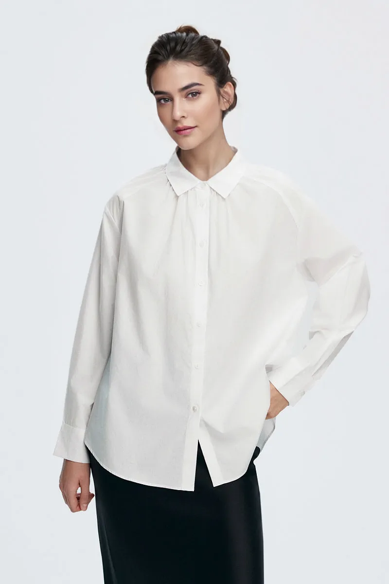 Pure Cotton Long Sleeve Button-Up Shirt with Pleated Collar