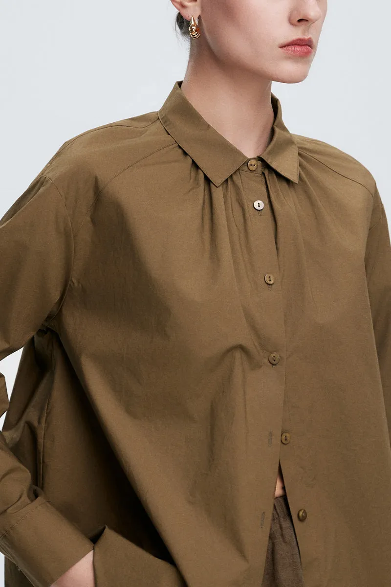 Pure Cotton Long Sleeve Button-Up Shirt with Pleated Collar