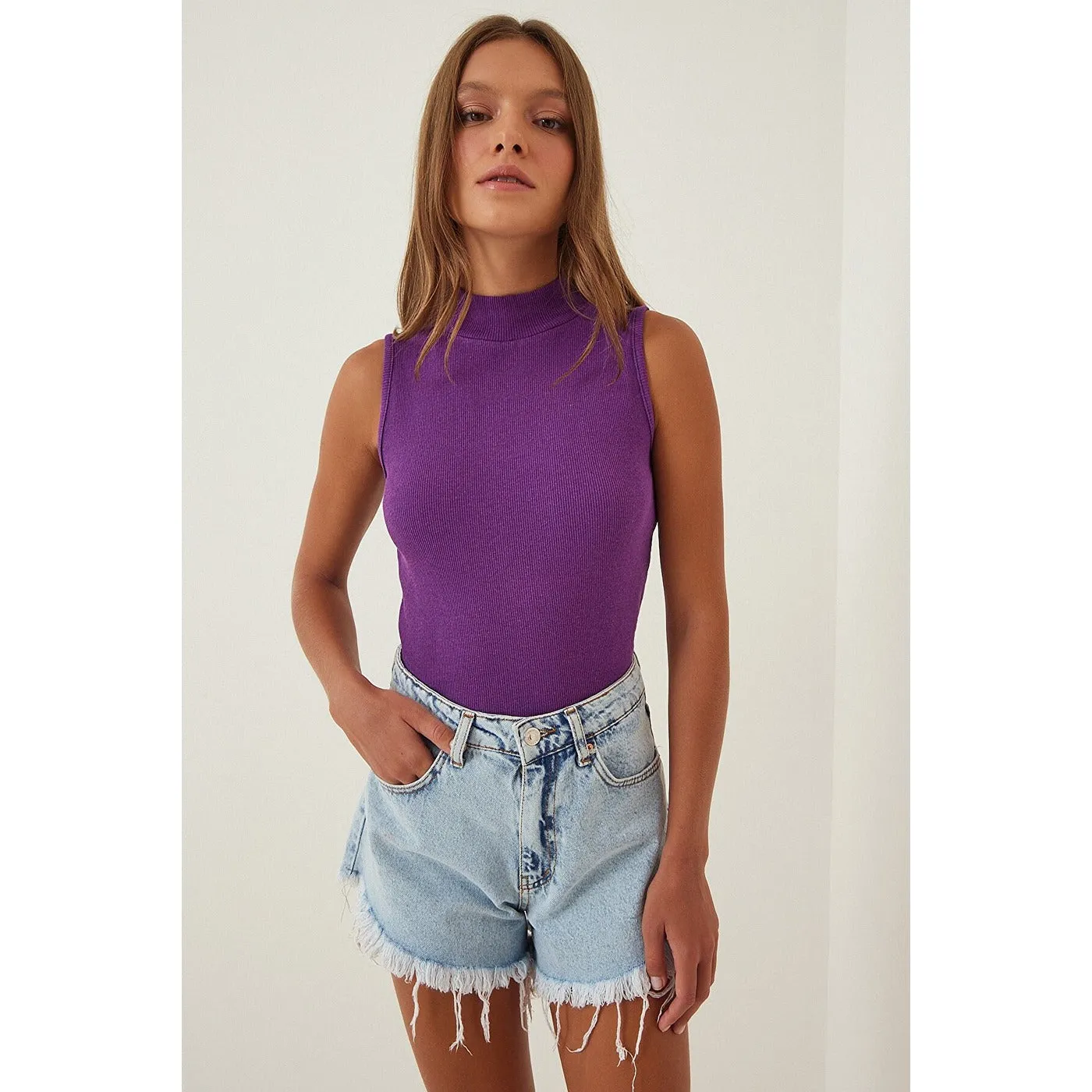 Purple Turtleneck Cotton Knitted Blouse