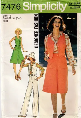 Simplicity 7476 Womens DESIGNER Wide Collared Shirt Vest Culottes & Pants 1970s Vintage Sewing Pattern Size 12 Bust 34 inches UNCUT Factory Folded