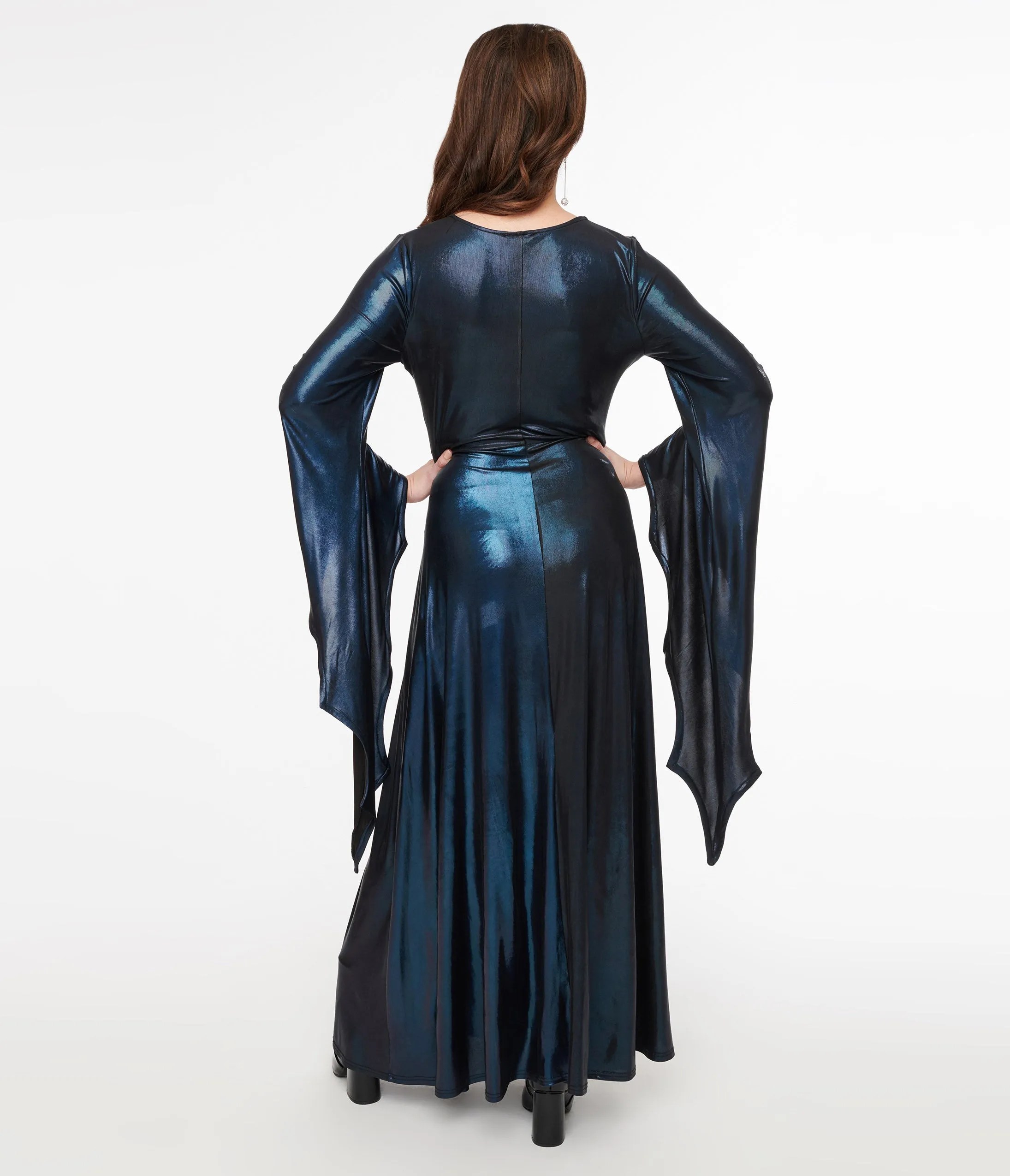 Smak Parlour Y2K Iridescent Dark Blue Bat Wing Sleeve Maxi Dress