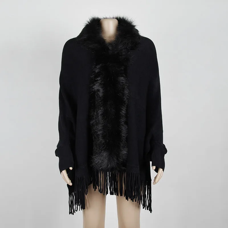 Tassel cloak shawl wool collar cloak solid color cardigan sweater