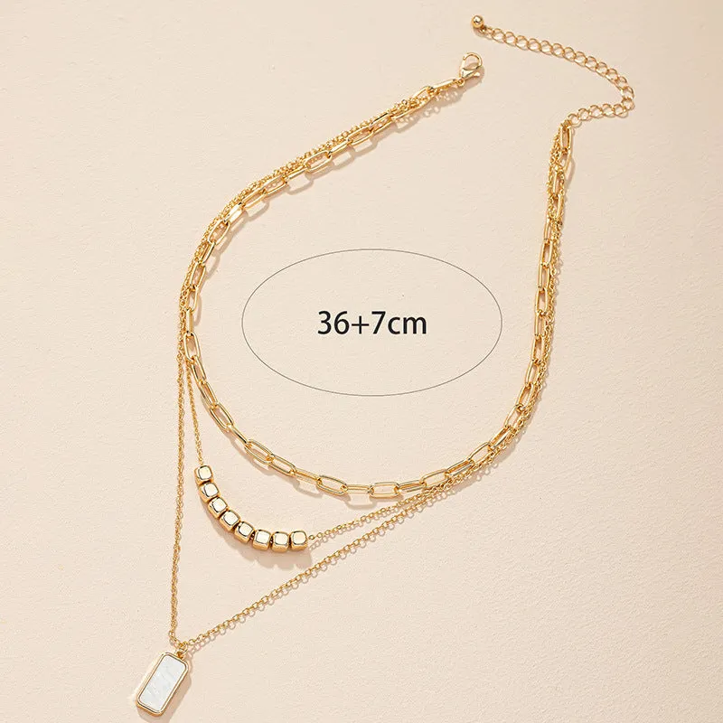 Three-Layer Shell Pendant Necklace with Multi-Layer Square Pendant