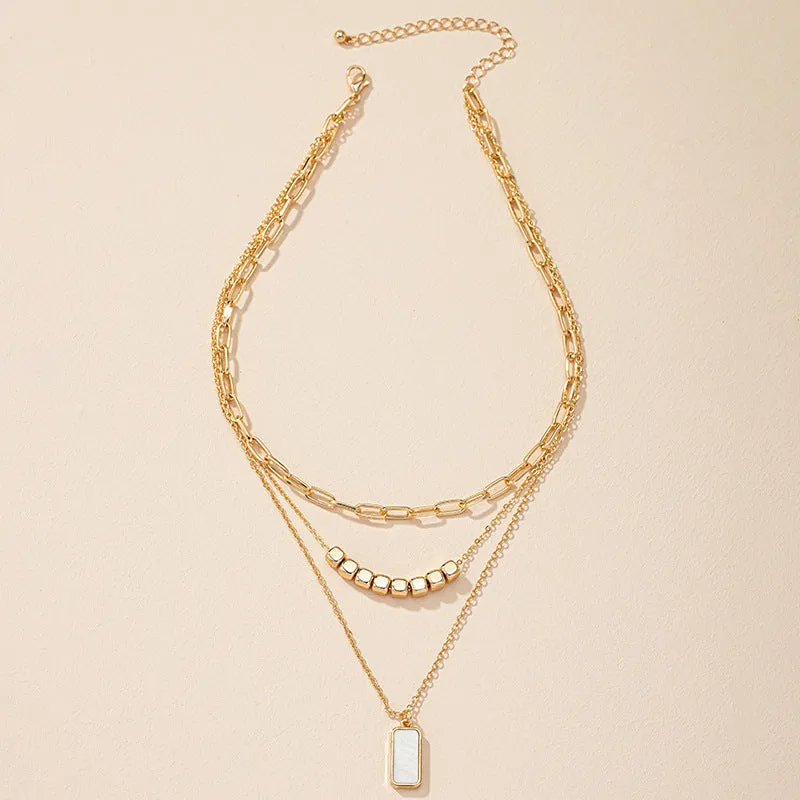 Three-Layer Shell Pendant Necklace with Multi-Layer Square Pendant