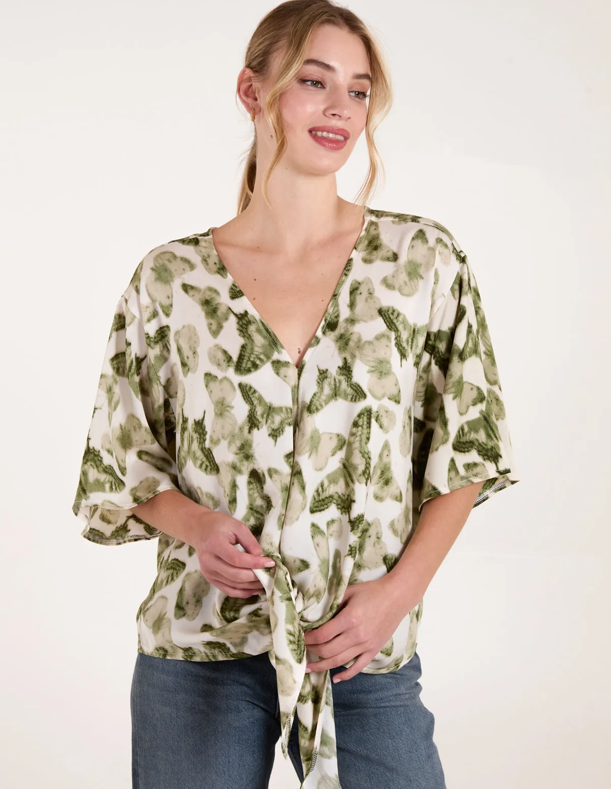 Tie Front Watercolour Butterfly Printed Top