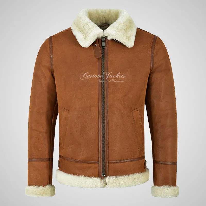 VOSTOK Tan Men's B3 Sheepskin Flying Jacket White Fur Shearling Jacket