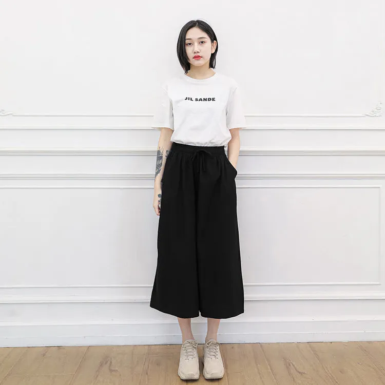 Women Cotton Blend Culottes High Waist Sporty Trumpet Wide Leg Pants