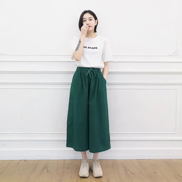 Women Cotton Blend Culottes High Waist Sporty Trumpet Wide Leg Pants