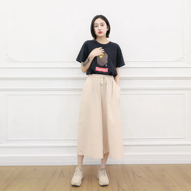 Women Cotton Blend Culottes High Waist Sporty Trumpet Wide Leg Pants