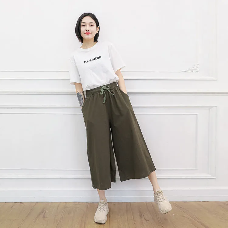 Women Cotton Blend Culottes High Waist Sporty Trumpet Wide Leg Pants