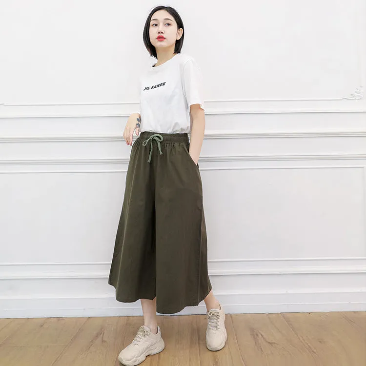 Women Cotton Blend Culottes High Waist Sporty Trumpet Wide Leg Pants