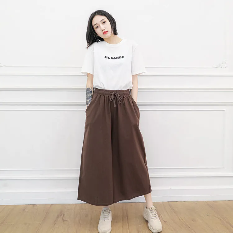 Women Cotton Blend Culottes High Waist Sporty Trumpet Wide Leg Pants