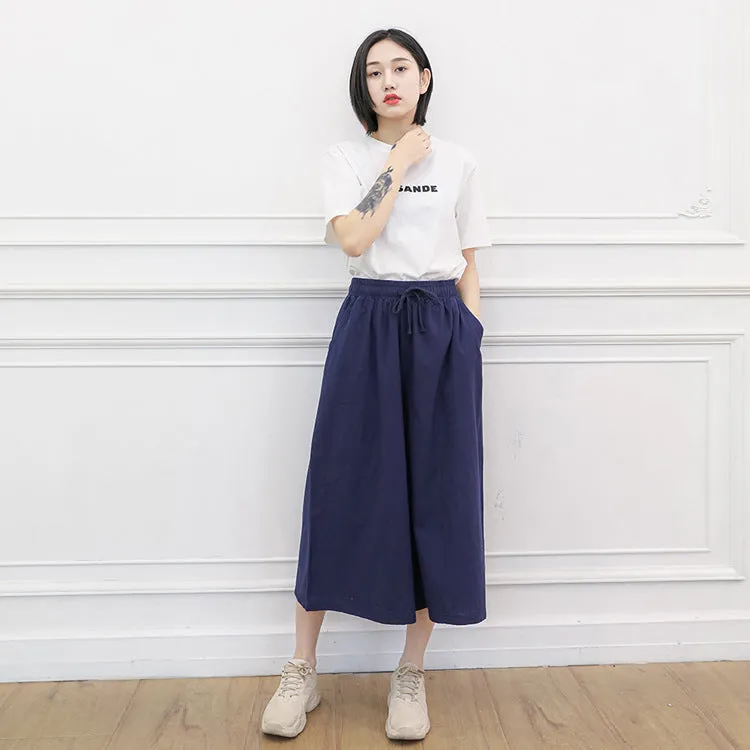 Women Cotton Blend Culottes High Waist Sporty Trumpet Wide Leg Pants