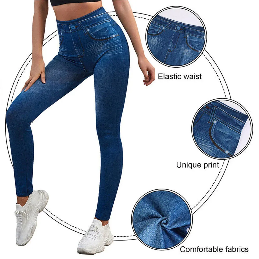 Women Jeggings Imitation Denim Leggings Elastic Slim Fit Buttocks Pants High Waist Tummy Control Seamless Elastic Yoga Leggings