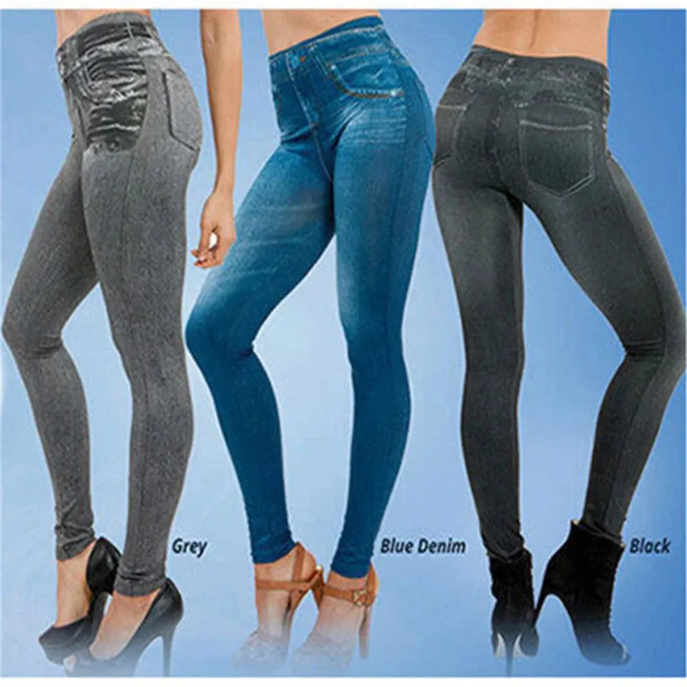 Women Jeggings Imitation Denim Leggings Elastic Slim Fit Buttocks Pants High Waist Tummy Control Seamless Elastic Yoga Leggings