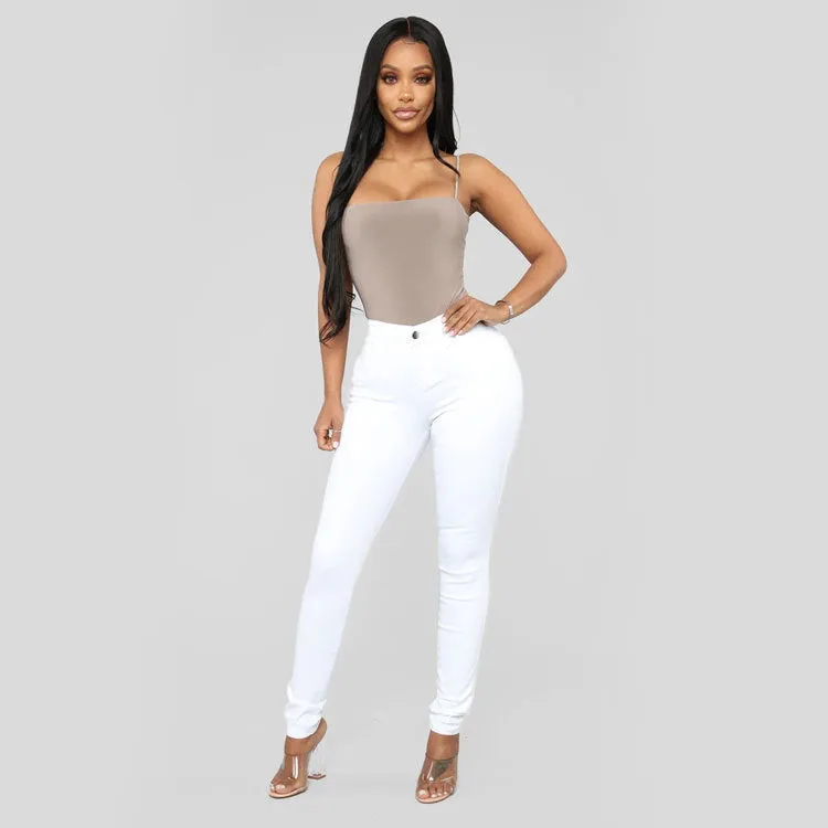 Women Summer Solid High-Waist Stretch Skinny Jeans