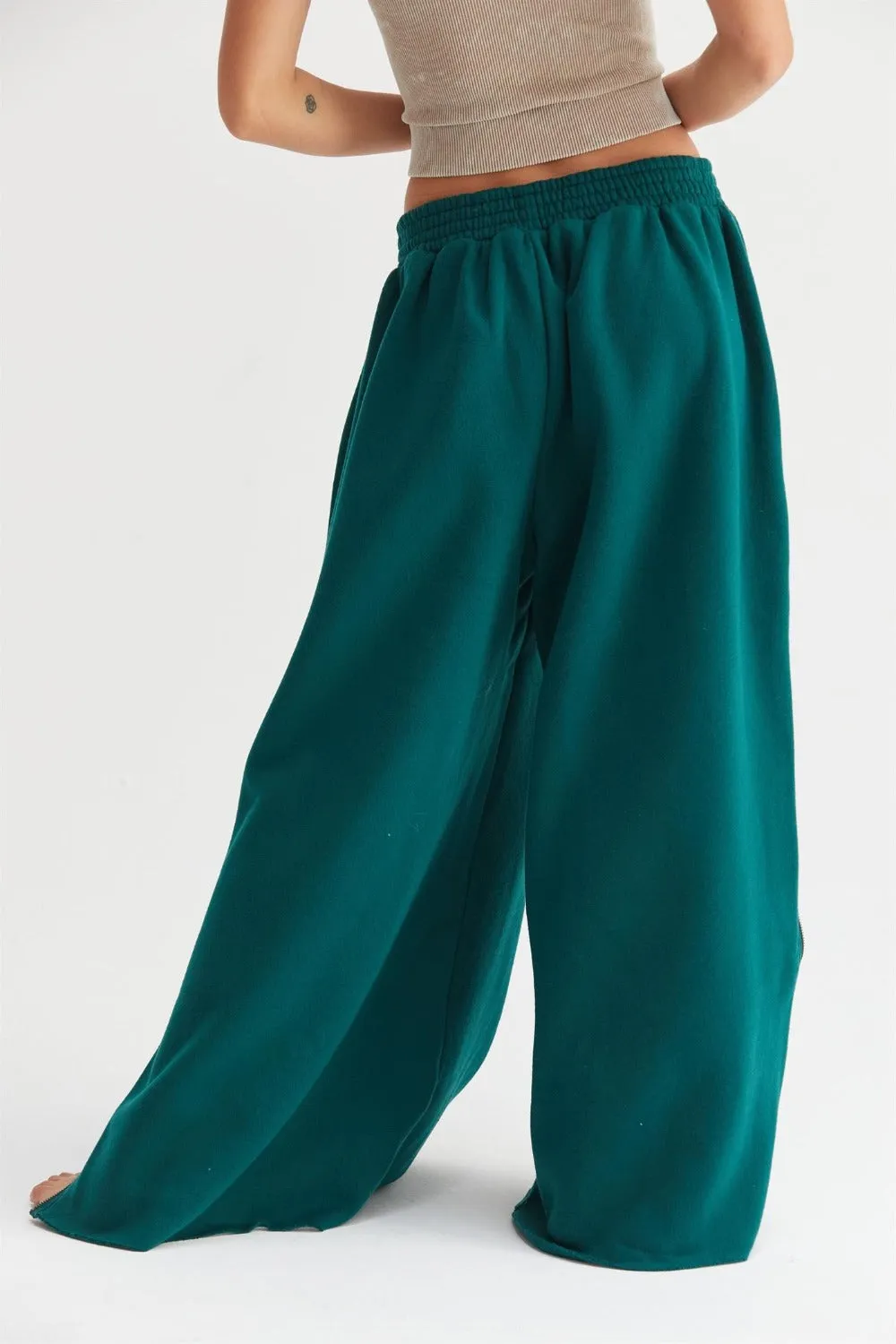 Women's Comfortable Wide-Leg Sweatpants w/ Side Zipper Dark Green