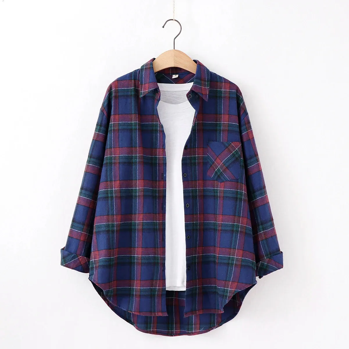 Women's Cotton Plaid Shirt – Casual Long Sleeve Blouse with Turn-Down Collar