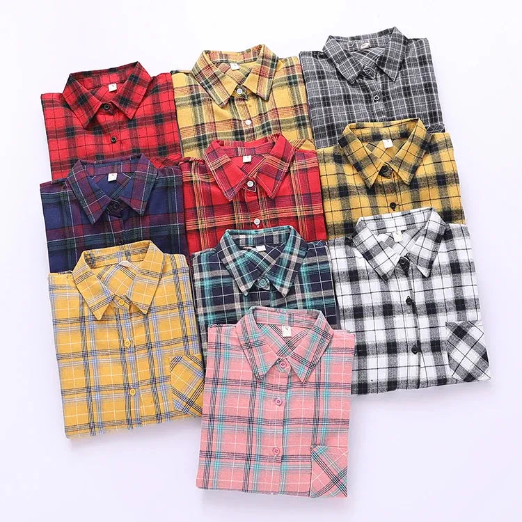 Women's Cotton Plaid Shirt – Casual Long Sleeve Blouse with Turn-Down Collar