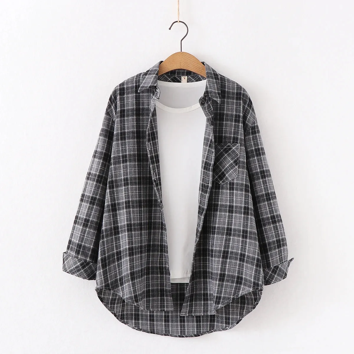 Women's Cotton Plaid Shirt – Casual Long Sleeve Blouse with Turn-Down Collar