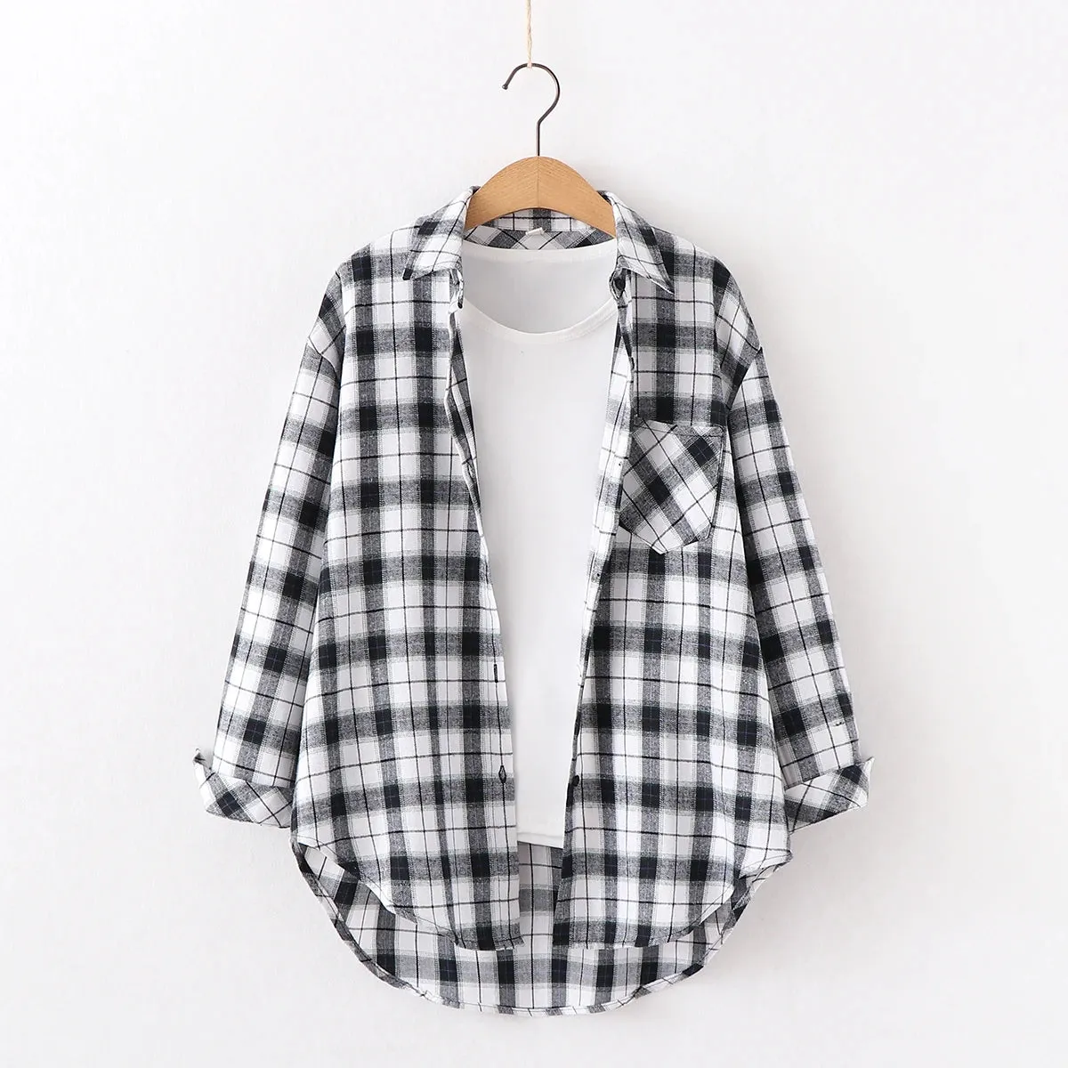 Women's Cotton Plaid Shirt – Casual Long Sleeve Blouse with Turn-Down Collar