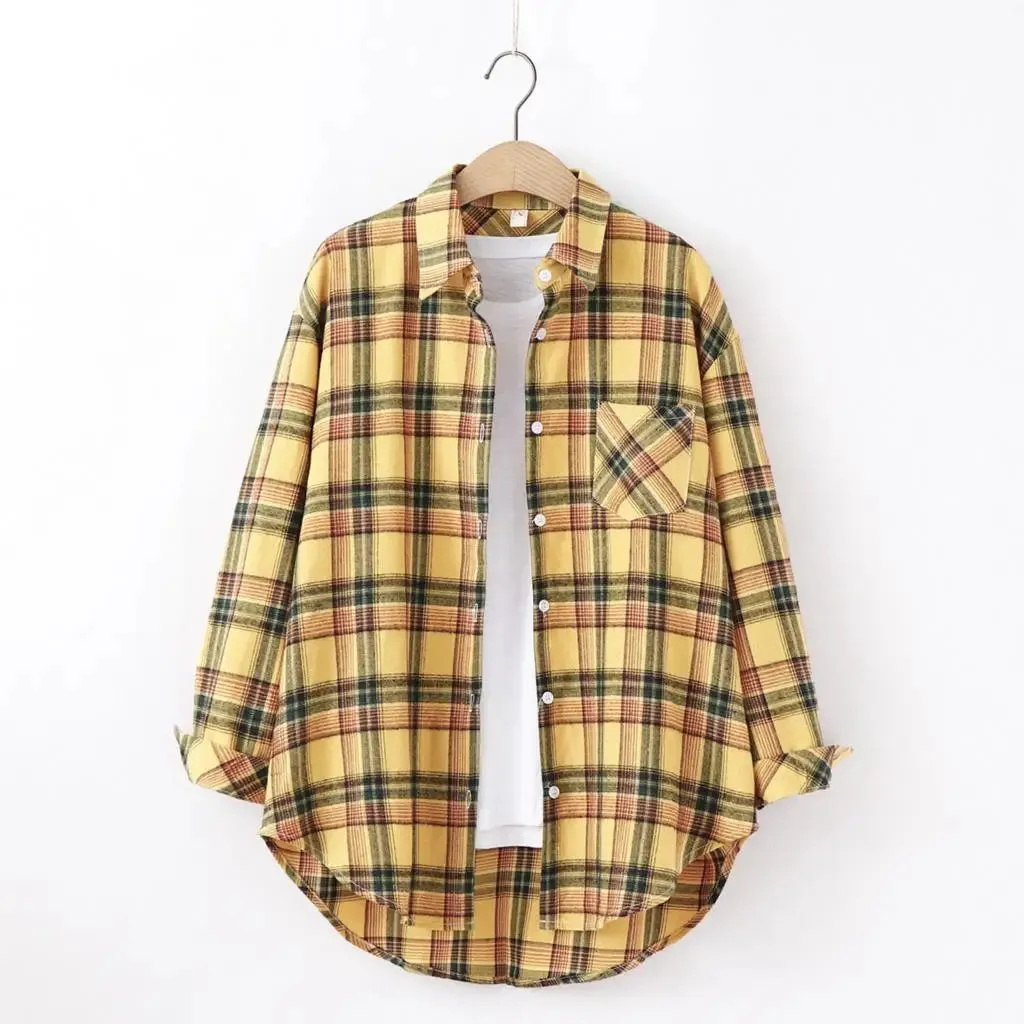 Women's Cotton Plaid Shirt – Casual Long Sleeve Blouse with Turn-Down Collar