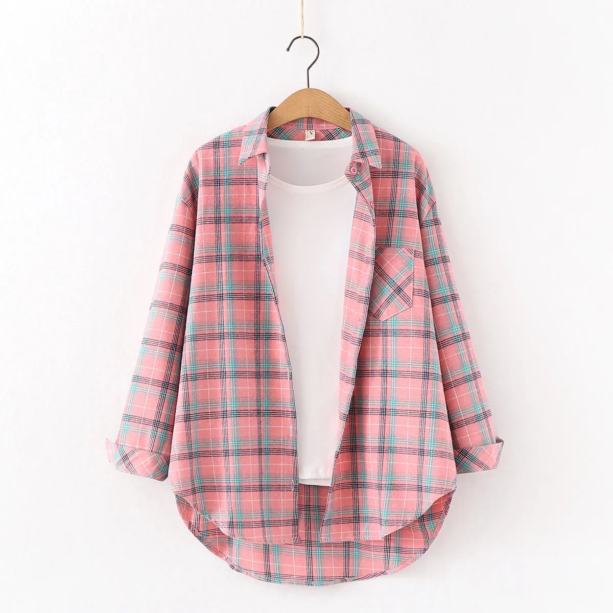 Women's Cotton Plaid Shirt – Casual Long Sleeve Blouse with Turn-Down Collar