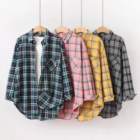 Women's Cotton Plaid Shirt – Casual Long Sleeve Blouse with Turn-Down Collar