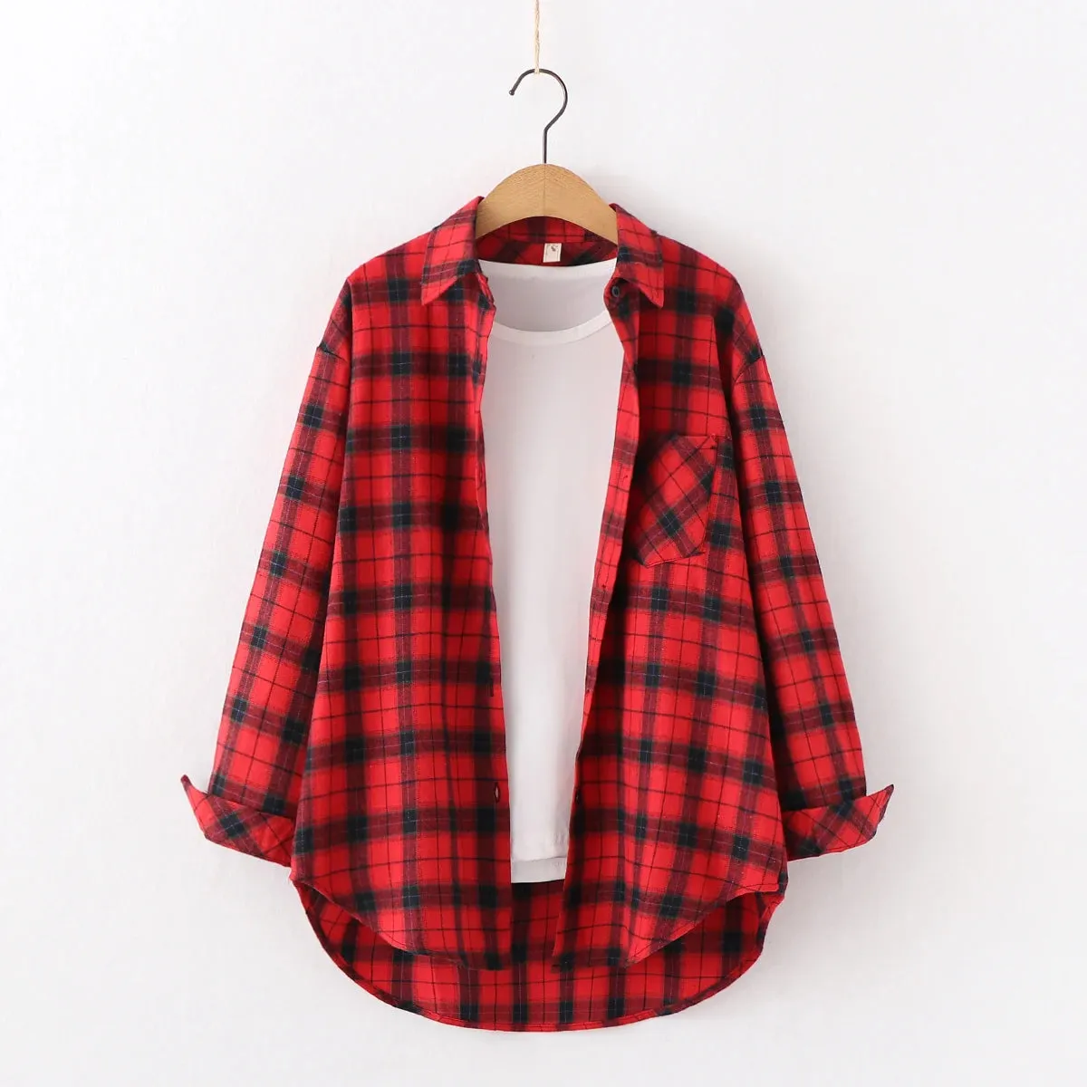 Women's Cotton Plaid Shirt – Casual Long Sleeve Blouse with Turn-Down Collar