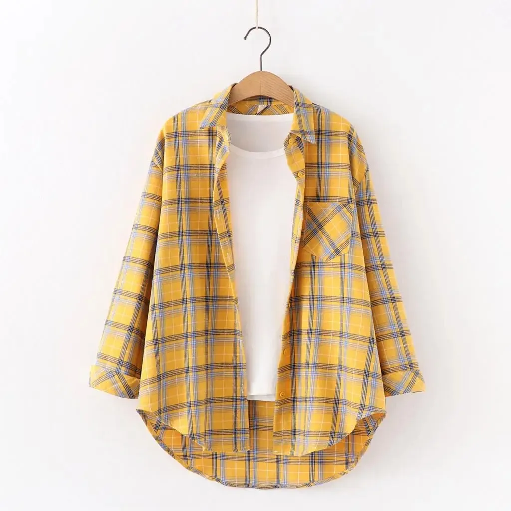 Women's Cotton Plaid Shirt – Casual Long Sleeve Blouse with Turn-Down Collar