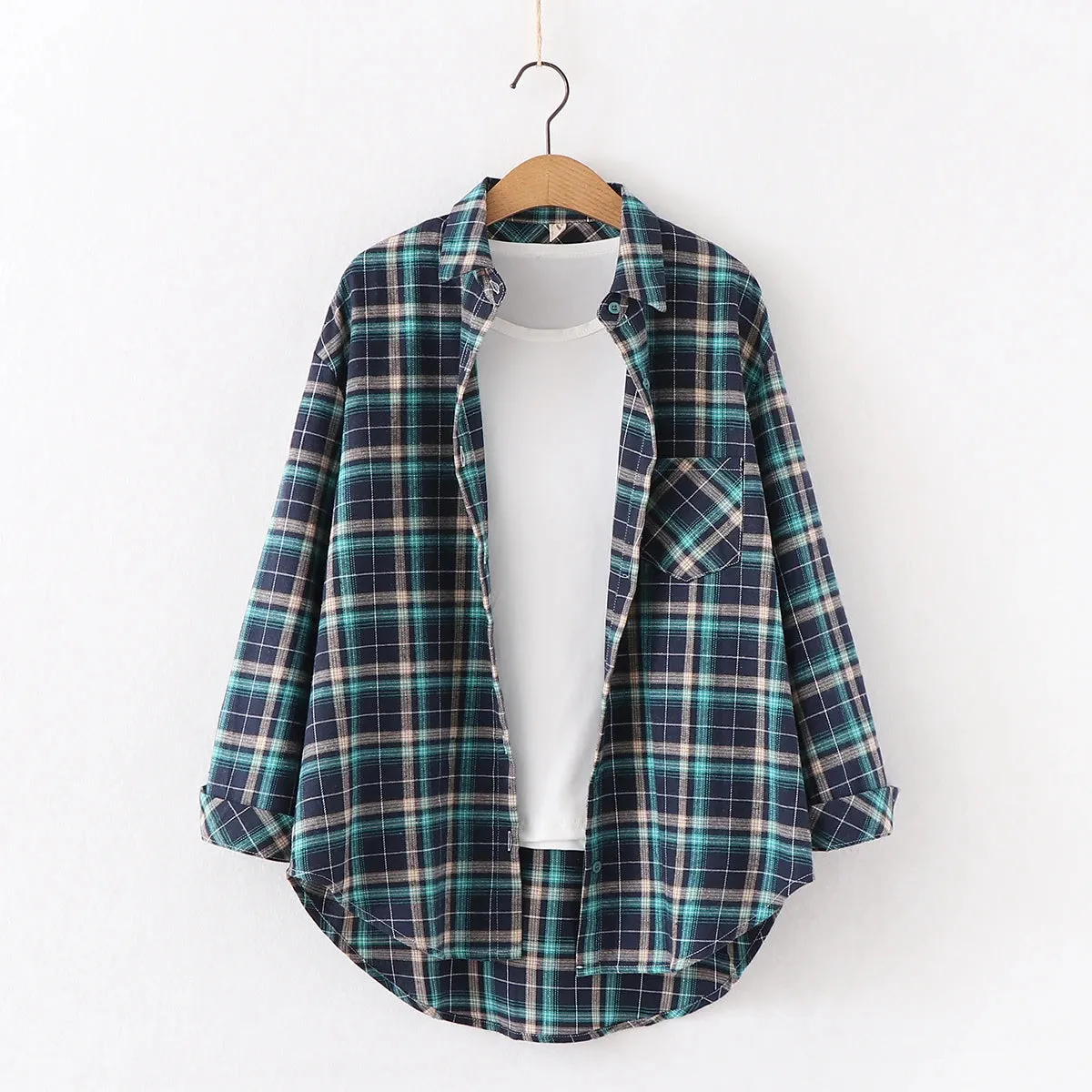 Women's Cotton Plaid Shirt – Casual Long Sleeve Blouse with Turn-Down Collar