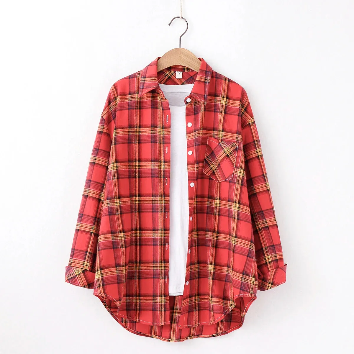 Women's Cotton Plaid Shirt – Casual Long Sleeve Blouse with Turn-Down Collar