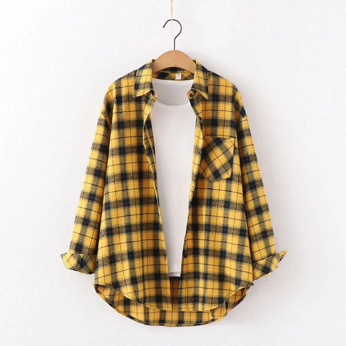 Women's Cotton Plaid Shirt – Casual Long Sleeve Blouse with Turn-Down Collar