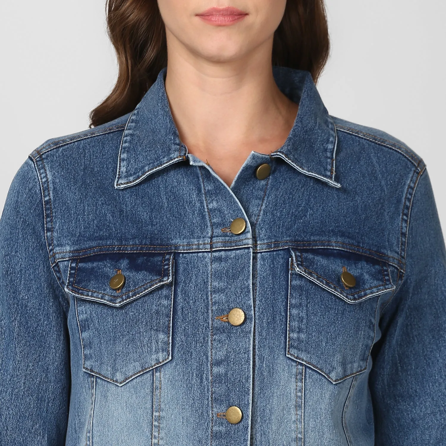 Women's Long Overcoat Style Denim Jacket with Washed effect - StyleStone