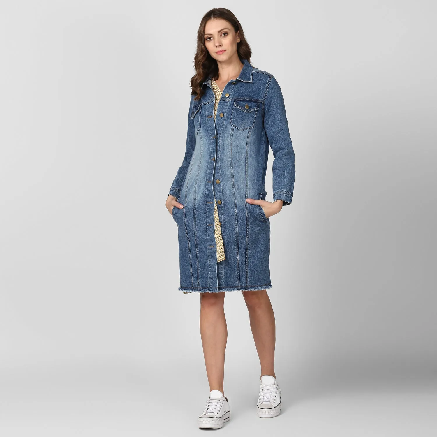 Women's Long Overcoat Style Denim Jacket with Washed effect - StyleStone