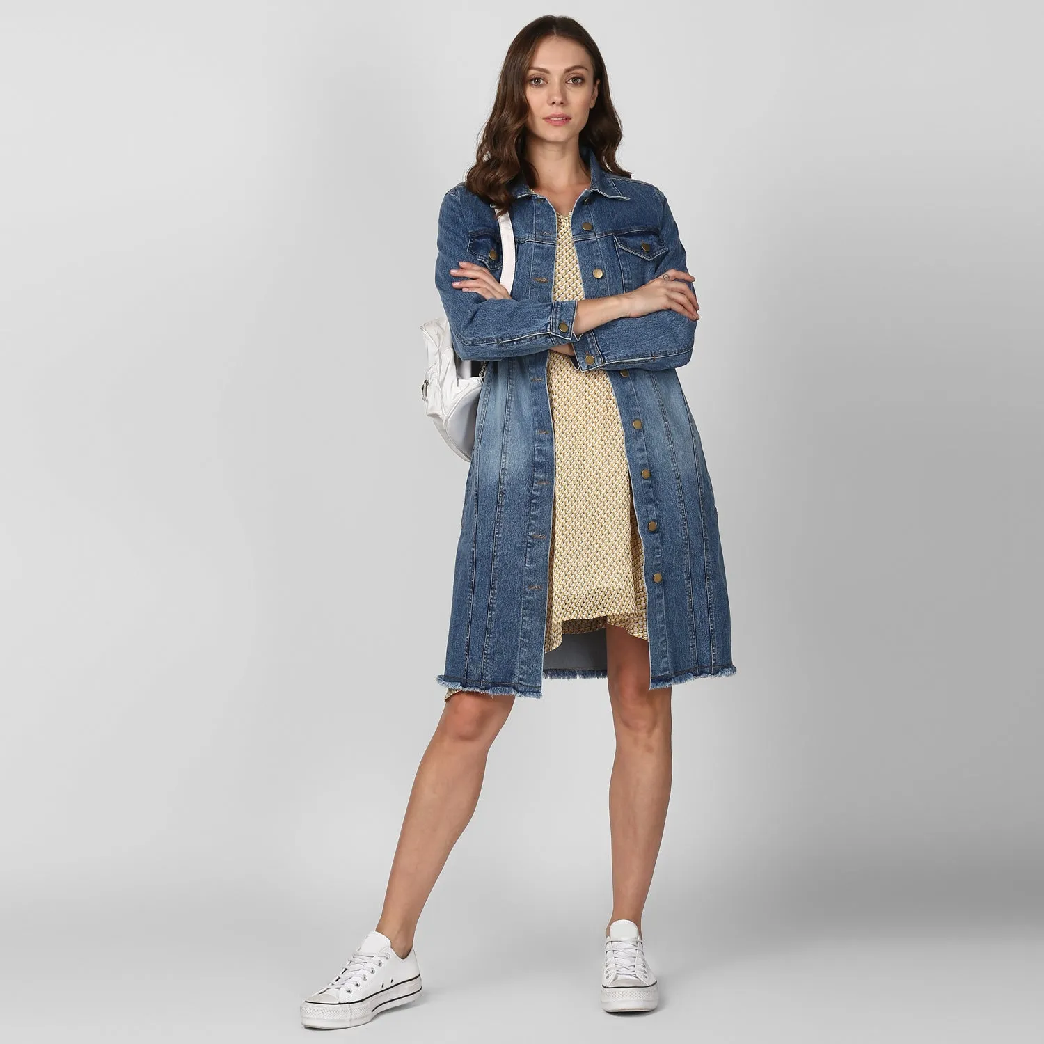 Women's Long Overcoat Style Denim Jacket with Washed effect - StyleStone