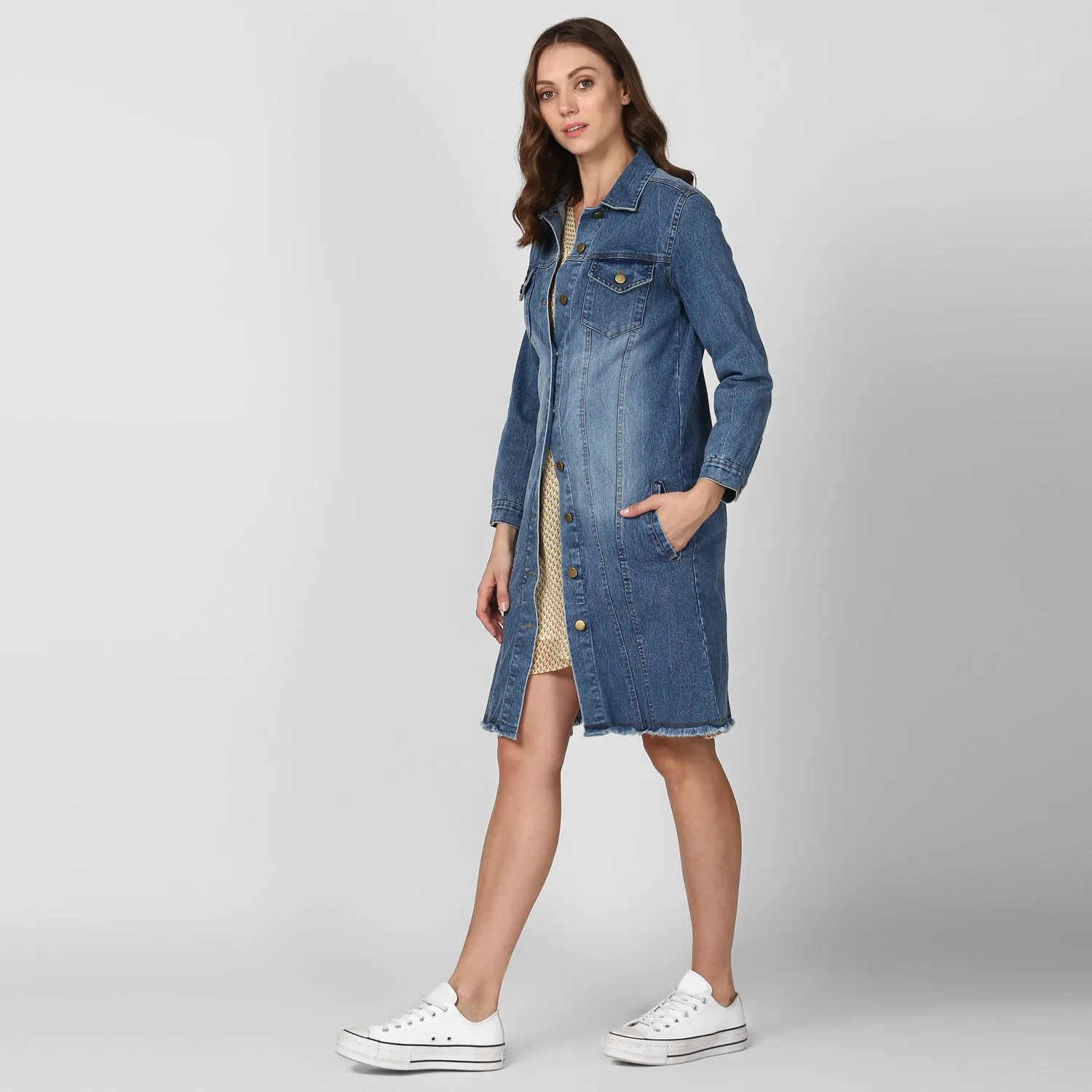 Women's Long Overcoat Style Denim Jacket with Washed effect - StyleStone